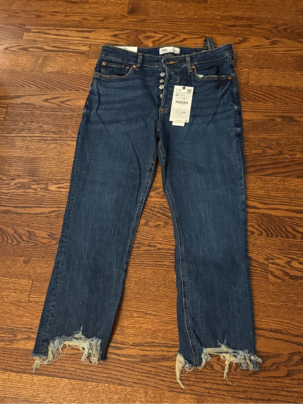 Zara Dark Blue Distressed Cropped Jeans with Raw Hem